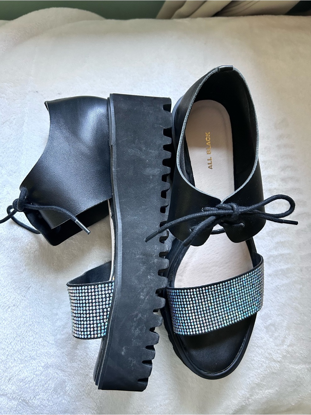 Black Women's Black Rhinestone Lace-Up Sandals - Picture 3 of 3
